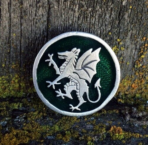 Pewter Rampant Dragon Pin Green Enamel