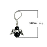 Stainless Steel & Glass Guardian Angel Wing Earrings Black 36mm(1 3/8")x 19mm