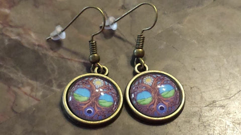 Celtic Tree of Life Sun and Moon Bronze Tone Glass Dome Earrings