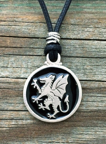 Pewter Medieval Rampant Dragon Pendant with adjustable cotton cord made in USA