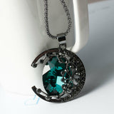 Popcorn Chain Gunmetal Moon Pendant Faceted Green & Black Rhinestone 60.5cm long