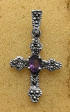 Sterling Silver  Cross Pendant With Marcasite with synthetic amethyst or blue to