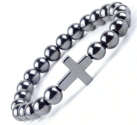 Hematite Stretch Bracelet with Cross