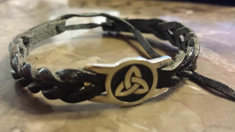 Irish Pewter Black Trinity Leather Woven Adjustable Bracelet