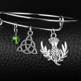 Scottish Thistle, Triquetra, Green Bead and Expandable Bangle