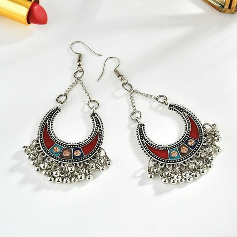 Turkish Style Silver Color Enamel Bead Tassel Earrings (3.6 x 8.4 cm)