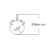 Stainless Steel Cut Out Pendant Branch Silver Tone Dragonfly 33mm(1 2/8") x 24mm