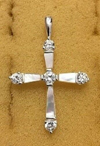 Sterling Silver Mother Of Pearl And White CZ Cross Pendant no chain