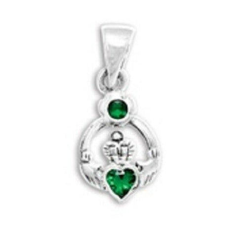 STERLING SILVER CLADDAGH PENDANT WITH GREEN CZ