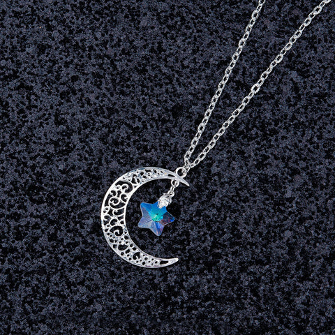 Silver Plated Celtic Crescent Moon with AB Star with textured link cable chain