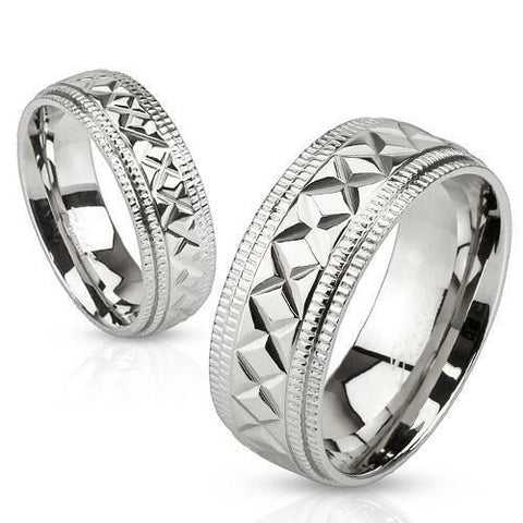 316L STAINLESS STEEL RING WITH MILGRAINED EDGES AND X SHAPED DIAGONAL CUTS