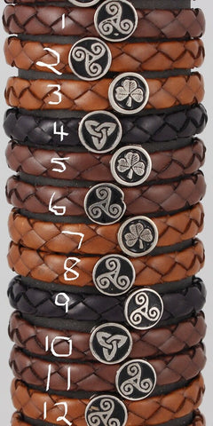 Irish Rounded wristbands with enameled pewter disc in celtic designs