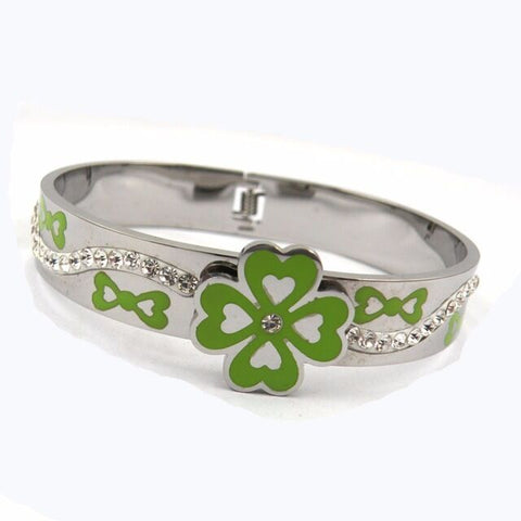 Stainless Steel Four Leaf Clover Heart Bracelet with Crystal Inlay