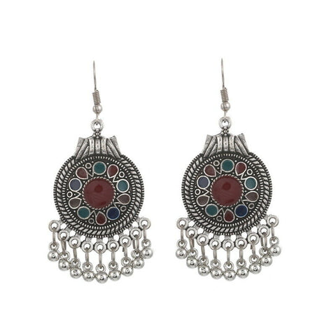 Turkish Style Silver Color Enamel Bead Tassel Earrings 65 x 30 mm