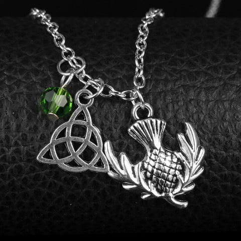 Celtic  Scottish Thistle, Triquetra, Green Crystal Necklace with 20 inch chain