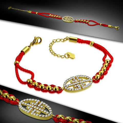 Gold color Stainless Steel Greek Key Cord Watch-Style Link Bracelet with CZ