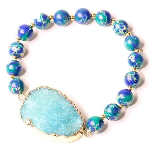 gold colored Druzy blue green sediment Jasper stretch bracelet 8mm beads