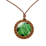 Wooden Clover/Shamrock Pendant with Glass Cabachon and Adjustable Cord