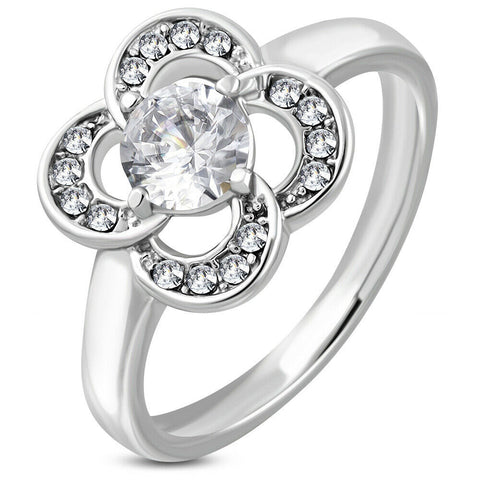 Stainless Steel Prong-Set Flower Engagement Wedding Band Ring w/ Clear CZ