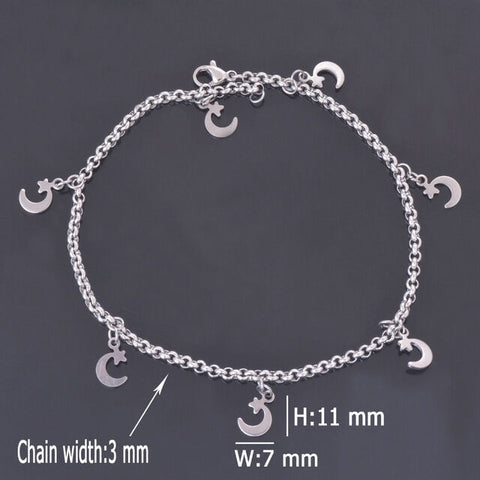 Stainless Steel Moon and Star Charm Bracelet 7.87 inches