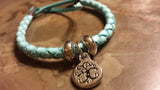 Irish Pewter Aqua Leather Tree of Life Rounded Woven Adustable Bracelet