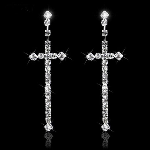 Sparking Silver Color Rhinestone Crystal Cross Long  Earrings