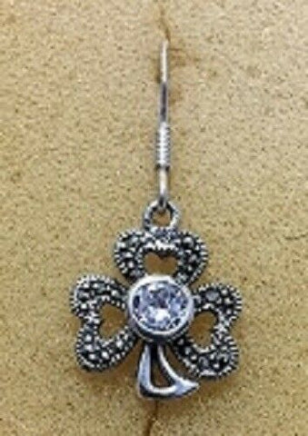 Sterling Silver Dangle Marcasite Clover Earring With White CZ