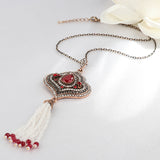 Turkish Style bead tassel antique gold color necklace with red and clear stones