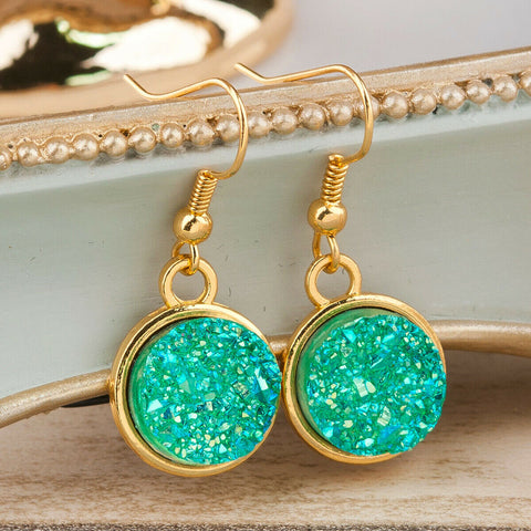 Resin Druzy Earrings Gold Plated Green Round Glitter
