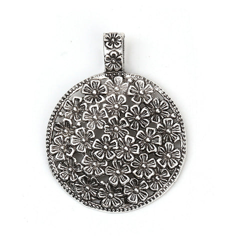 Zinc Based Alloy Boho Chic Pendants Round Antique Silver Flower no chain