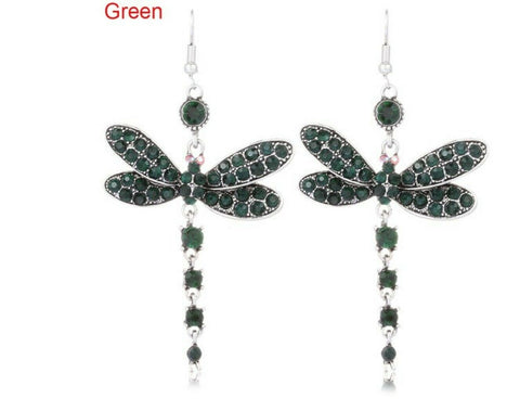 Alloy Green Crystal Dragonfly Dangle Earrings  8 x 4.3 cm size