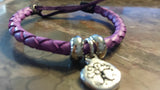 Irish Pewter Purple Leather Tree of Life Rounded Woven Adustable Bracelet
