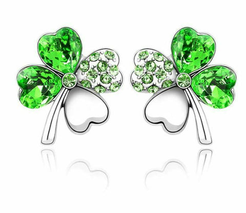 Four Leaf Clover Pierced Stud Silver Earrings with Austrian Crystal  Green