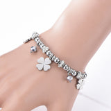 Stainless Steel 4 leaf clover charm and bead bracelet 17.5 cm plus 3 cm extender