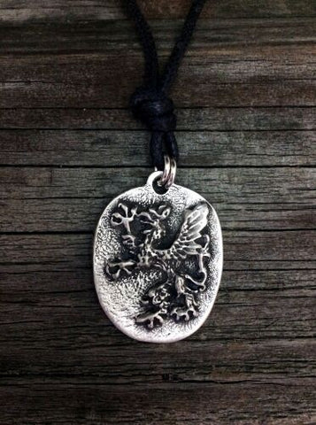 Pewter Rampant Griffin Pendant with Black Cord Made in USA