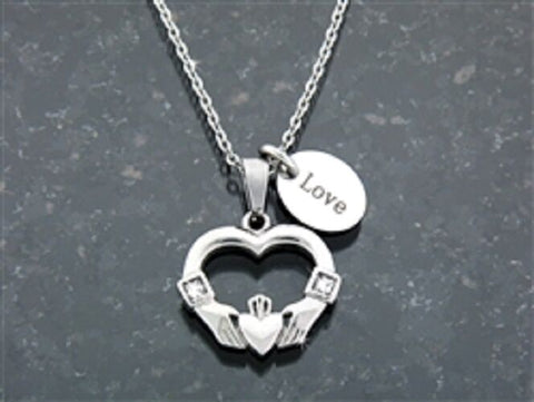 Stainless Steel Claddagh Heart Necklace with CZ Baguettes