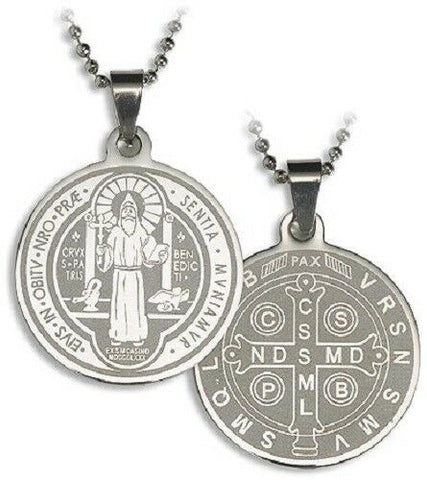 Stainless Steel  St Benedict Laser Engraved Pendant and 22 in chain