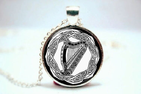 Celtic Harp Silver Plated Pendant with Domed Glass with 20 in chain