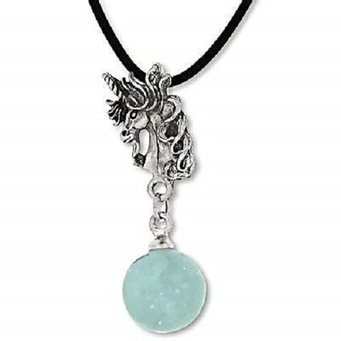 Pewter Unicorn head with a glass ball on a 24 inch black cord