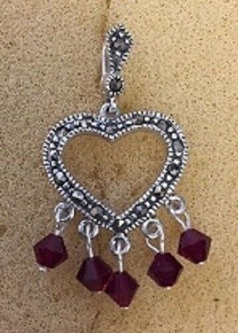 Sterling Silver Victorian Heart Pendant With Marcasite And Red Crystal