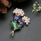 Enamel Blue and Green Diamante Scottish Thistle Brooch with pearls 35 mm x 55 mm