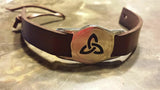 Irish Wide Pewter Brown Trinity Knot Leather Adustable Bracelet