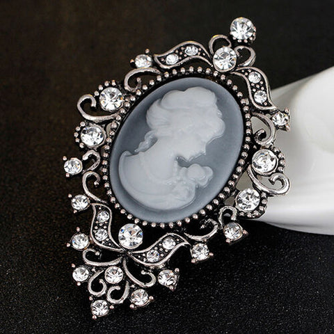 Vintage Style Rhinestone Cameo Brooch/ Pin Silver Color