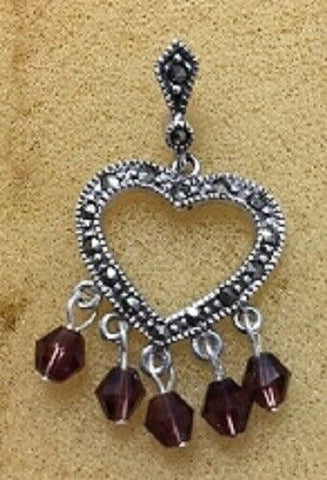 Sterling Silver Victorian Heart Pendant With Marcasite And Purple Crystal