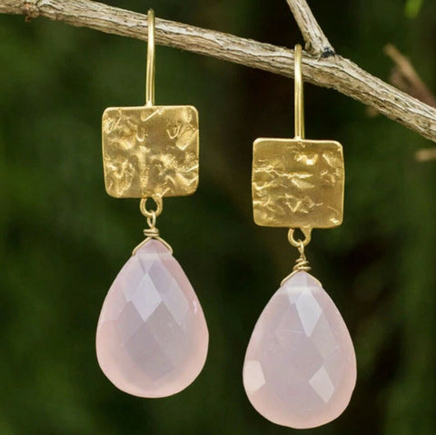 Gold Color Alloy Rose Quartz Drop Earrings