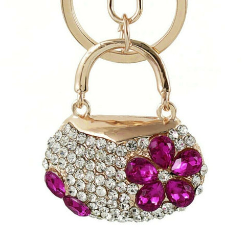 Purse with pink floral design Rhinestone Crystal Bag Charm/Keyring
