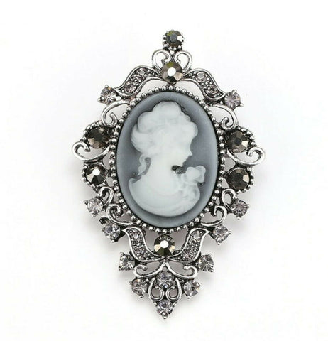 Vintage Style Rhinestone Cameo Brooch/ Pin Silver Color