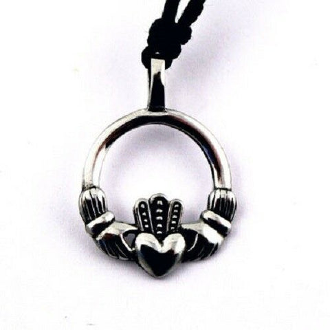 Irish Pewter Celtic Claddagh Pendant with Full Length Adjustable Black Cord