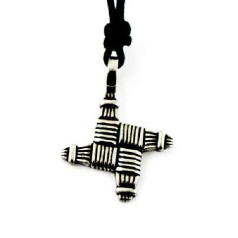 Irish Pewter Saint Bridgets Cross Pendant with Adjustable Black Cord