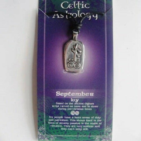 Irish Pewter Celtic Astrology Pendant - September- Ivy symbol